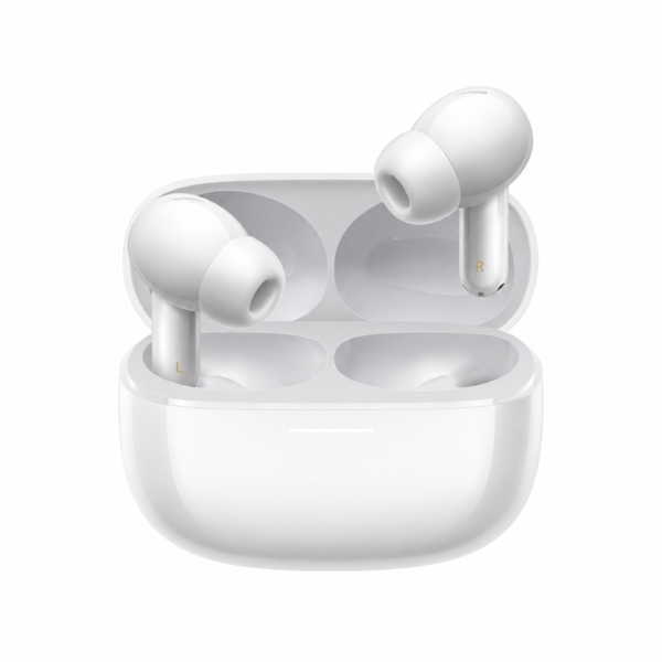 Redmi Buds 6 Pro in Glacier White with open charging case