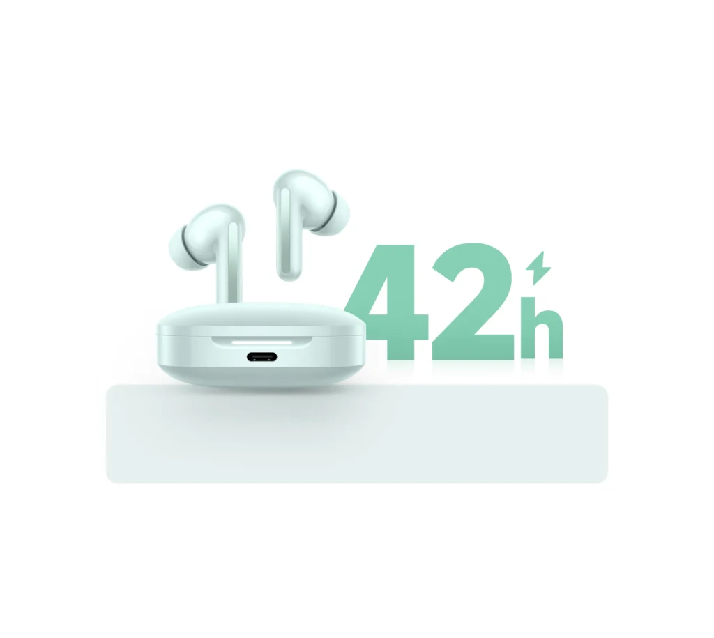 Enjoy up to 10 hours of use on a single charge. When used with the charging case, the battery life extends to 42 hours, effortlessly accommodating your entertainment needs when on the go