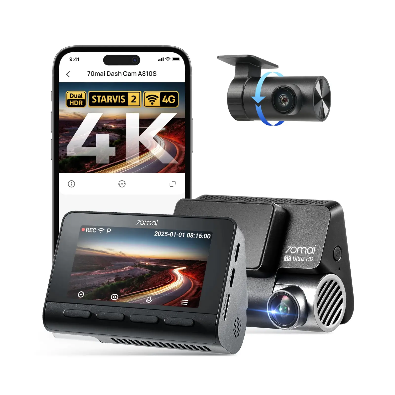 70mai 4K Dash Cam A810S 4K UHD Dual Channel GPS WiFi 6 Supercapacitor Dash Camera