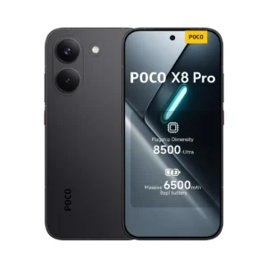Front Display POCO X8 Pro Max Black Showing 8500mAh Battery Specs