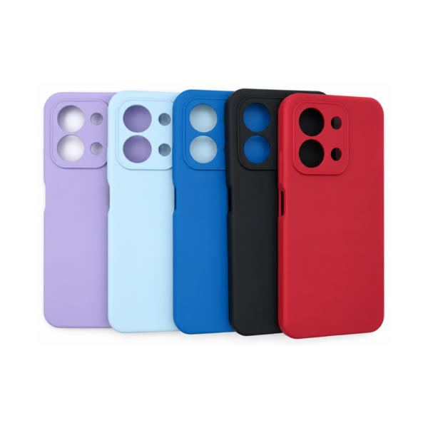 Five generic Redmi 15C silicone cases in lilac, light blue, blue, black and red